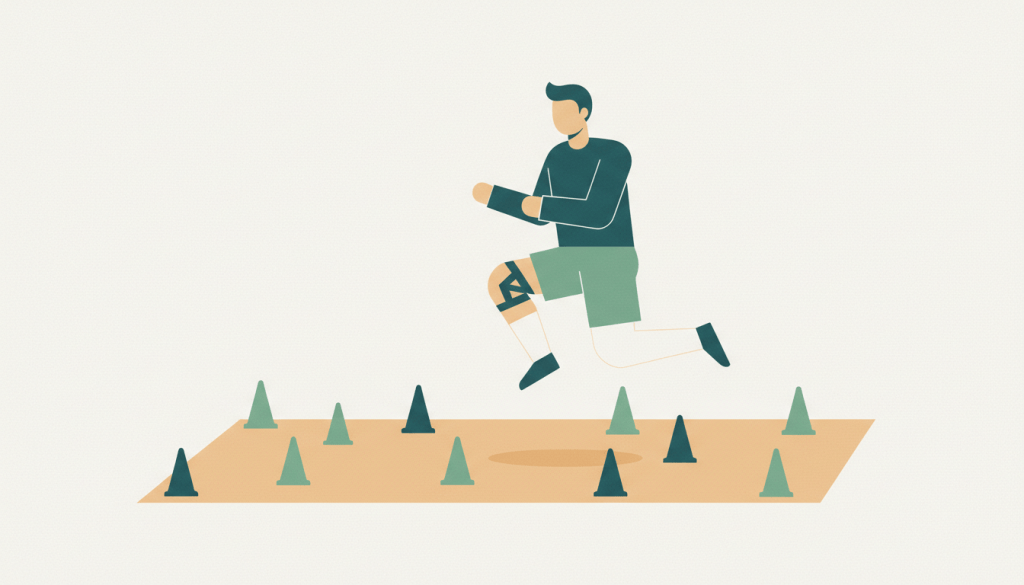 Ilustración de un deportista aterrizando de un salto en una pierna durante una prueba funcional