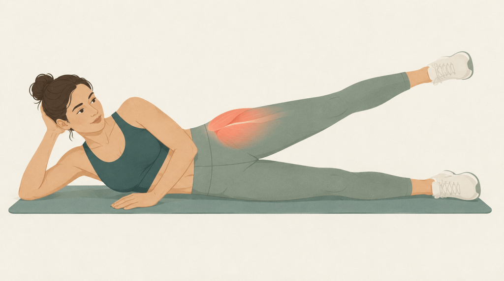 Ilustración de una persona haciendo abducción de cadera en decúbito lateral, con la zona glútea destacada