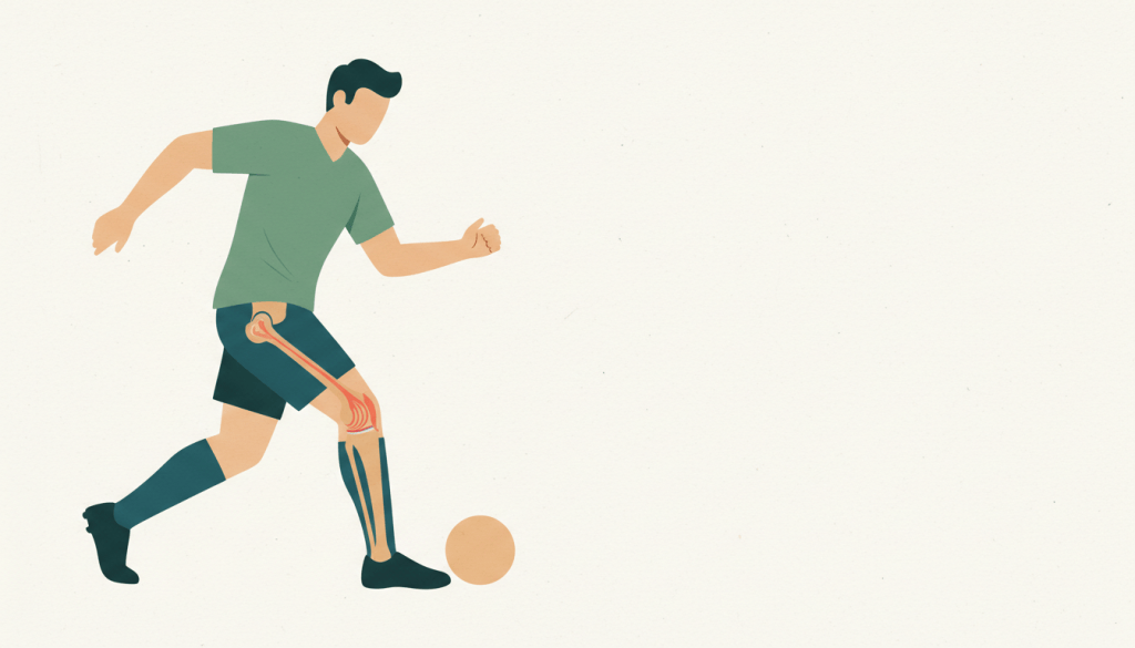 Ilustración de un futbolista girando sobre un pie con el ligamento cruzado anterior de la rodilla destacado