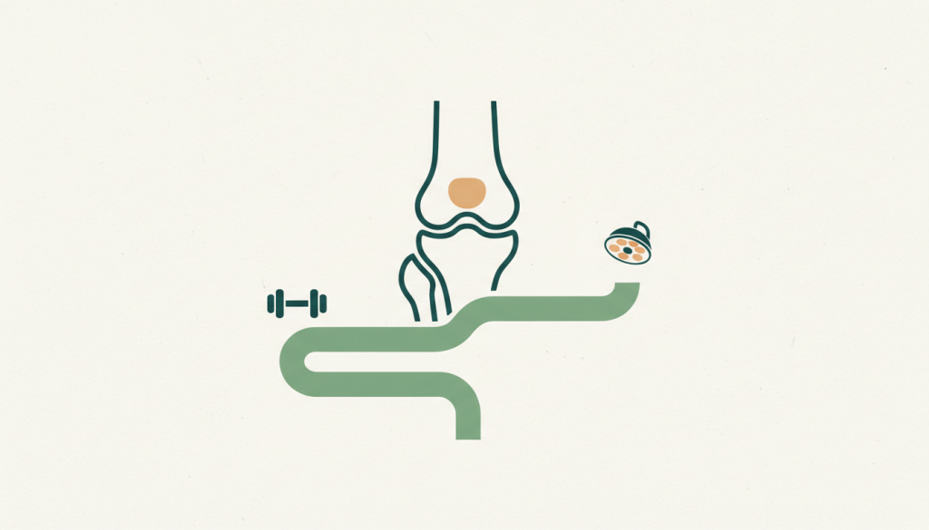 Ilustración de una rodilla con dos caminos: rehabilitación o cirugía del ligamento cruzado