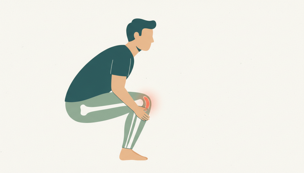 Rodilla en cuclillas con la mano señalando la línea articular, el gesto que reproduce el dolor en una rotura de menisco