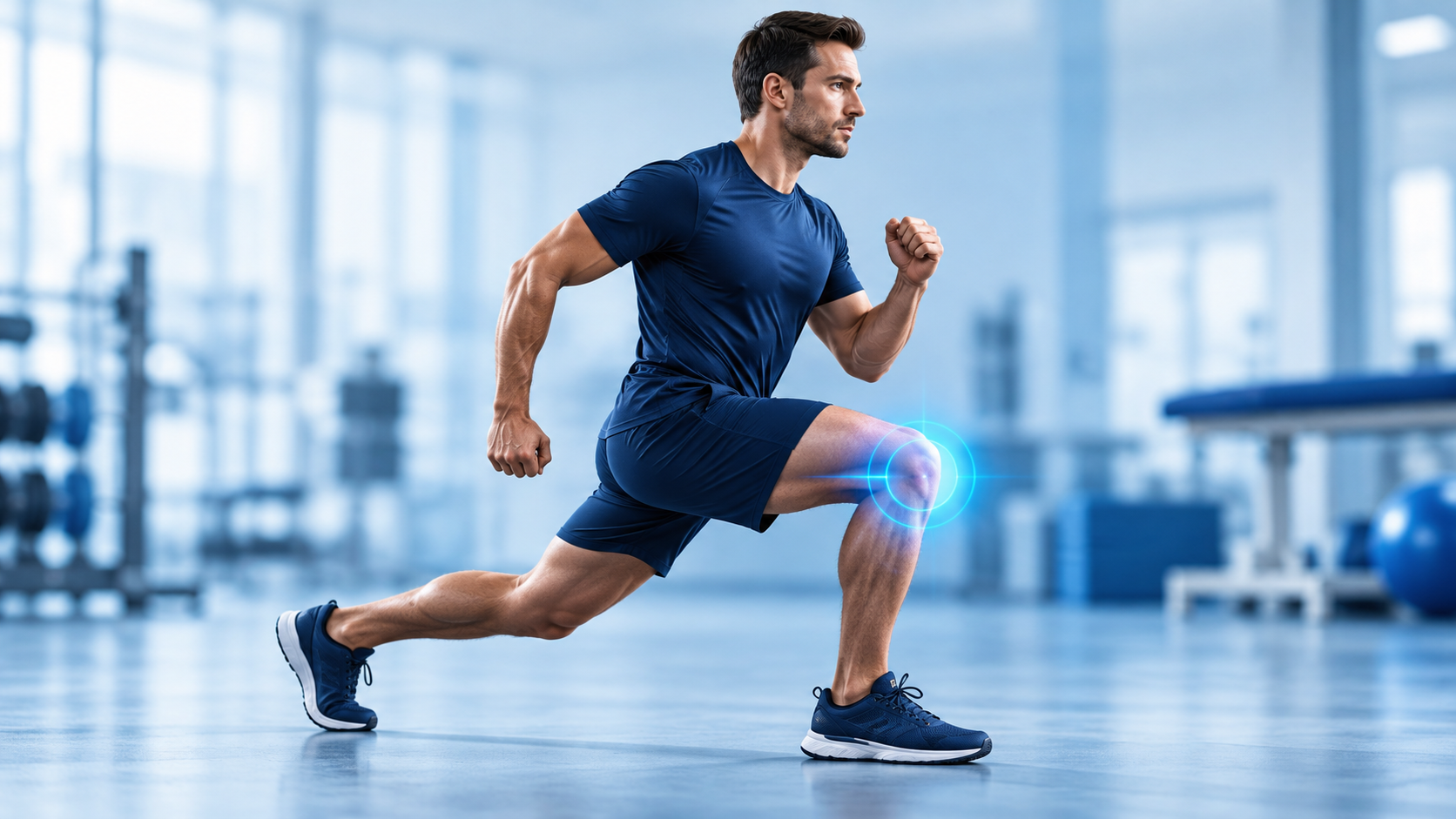 Deportista realizando una zancada, con la rodilla delantera destacada en azul.